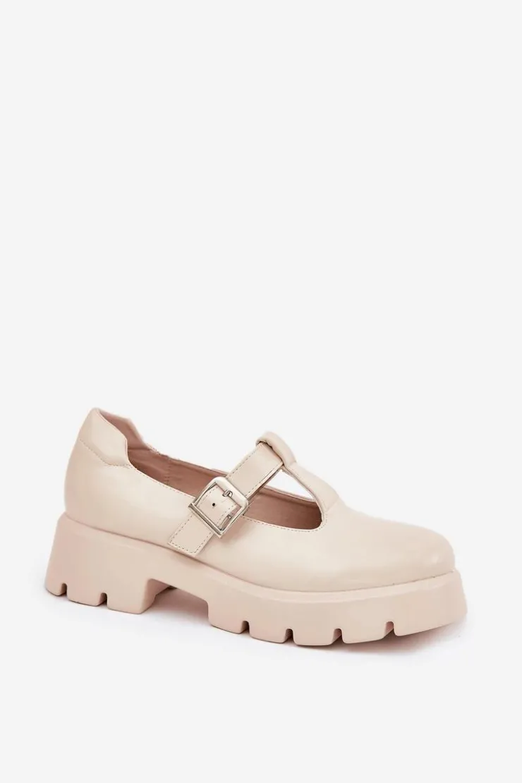 Boto Półbuty Skórzane*Półbuty Damskie Z Klamrą Na Platformie I Płaskim Obcasie Beżowe Venda Beżowy