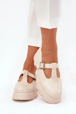 Boto Półbuty Skórzane*Półbuty Damskie Z Klamrą Na Platformie I Płaskim Obcasie Beżowe Venda Beżowy