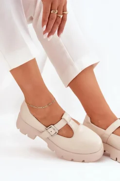 Boto Półbuty Skórzane*Półbuty Damskie Z Klamrą Na Platformie I Płaskim Obcasie Beżowe Venda Beżowy