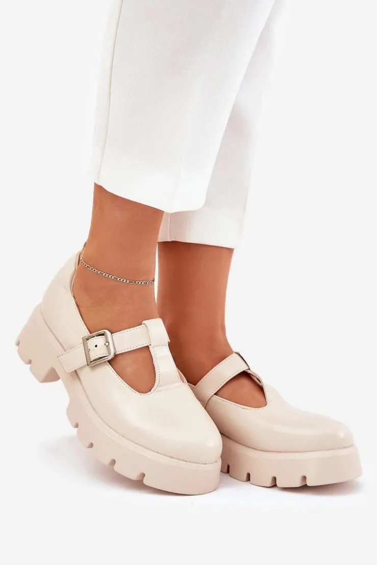 Boto Półbuty Skórzane*Półbuty Damskie Z Klamrą Na Platformie I Płaskim Obcasie Beżowe Venda Beżowy