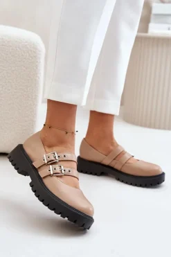 Boto Półbuty Skórzane*Półbuty Damskie Z Paskami Eko Skórzane Beżowe Terione Beżowy