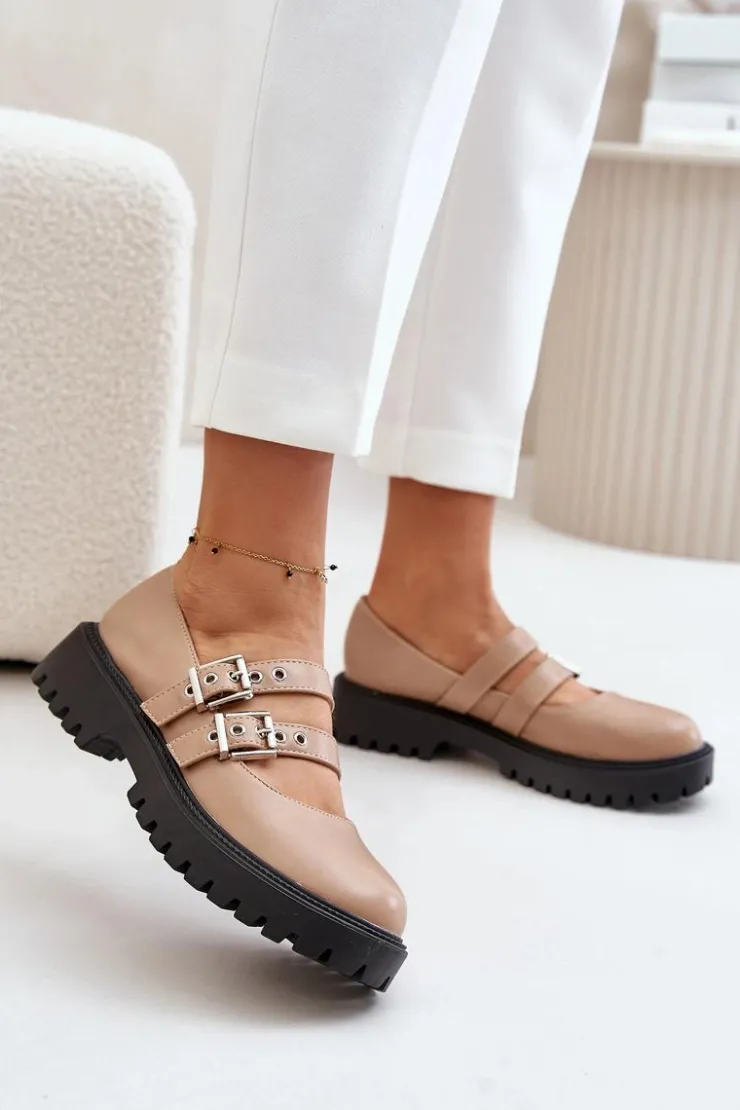 Boto Półbuty Skórzane*Półbuty Damskie Z Paskami Eko Skórzane Beżowe Terione Beżowy