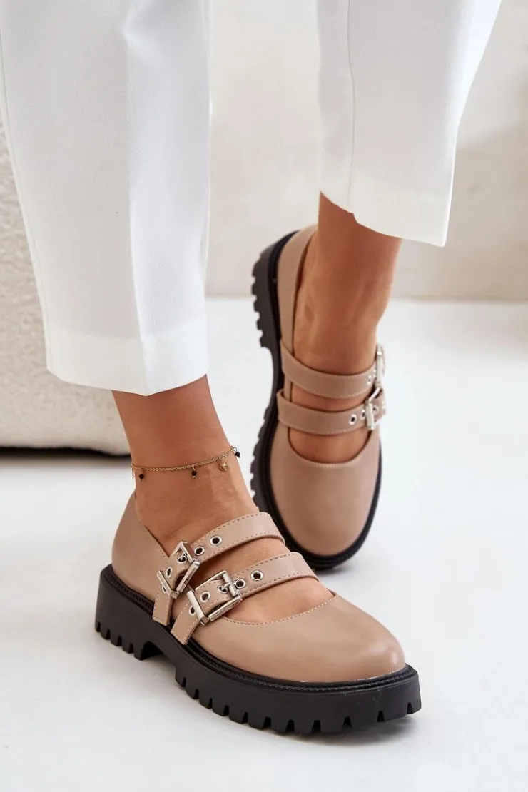 Boto Półbuty Skórzane*Półbuty Damskie Z Paskami Eko Skórzane Beżowe Terione Beżowy