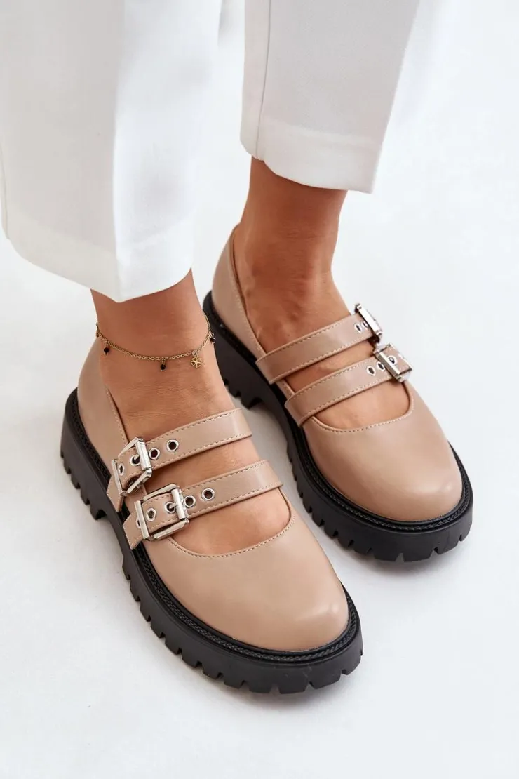 Boto Półbuty Skórzane*Półbuty Damskie Z Paskami Eko Skórzane Beżowe Terione Beżowy