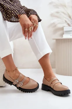 Boto Półbuty Skórzane*Półbuty Damskie Z Paskami Eko Skórzane Beżowe Terione Beżowy