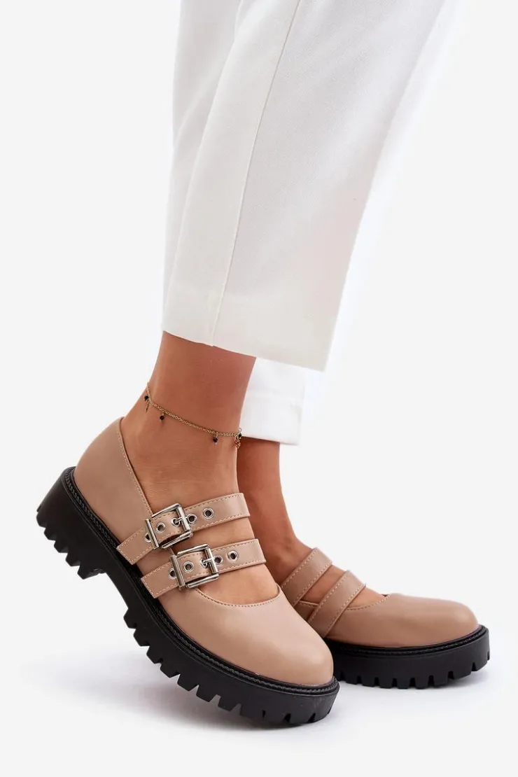 Boto Półbuty Skórzane*Półbuty Damskie Z Paskami Eko Skórzane Beżowe Terione Beżowy