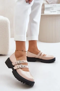 Clearance Boto Półbuty Damskie Z Paskami Lakierowane Beżowe Terione Beżowy