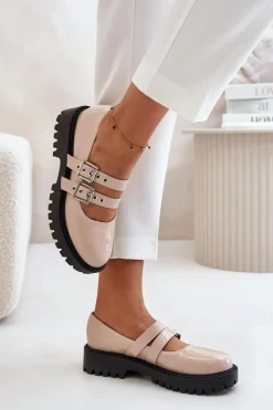 Clearance Boto Półbuty Damskie Z Paskami Lakierowane Beżowe Terione Beżowy