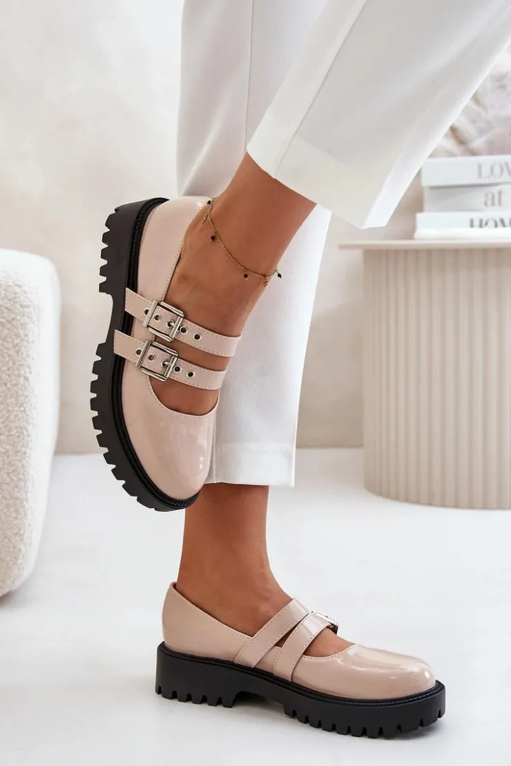Clearance Boto Półbuty Damskie Z Paskami Lakierowane Beżowe Terione Beżowy