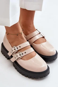 Clearance Boto Półbuty Damskie Z Paskami Lakierowane Beżowe Terione Beżowy
