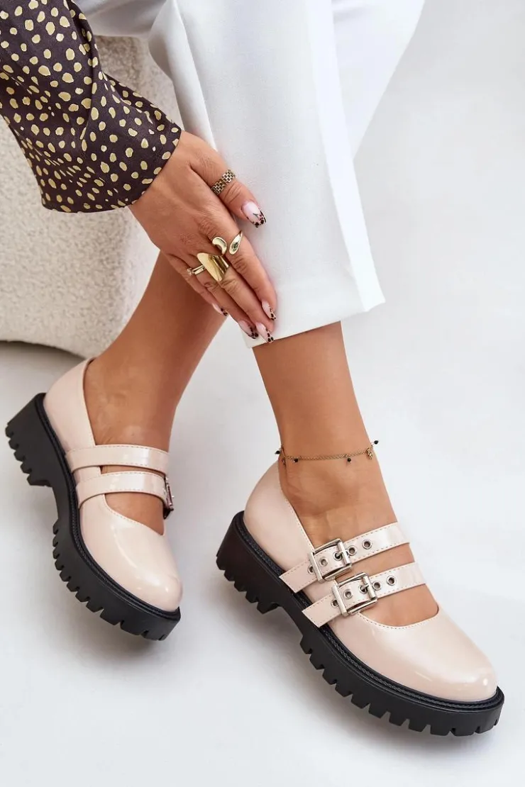 Clearance Boto Półbuty Damskie Z Paskami Lakierowane Beżowe Terione Beżowy