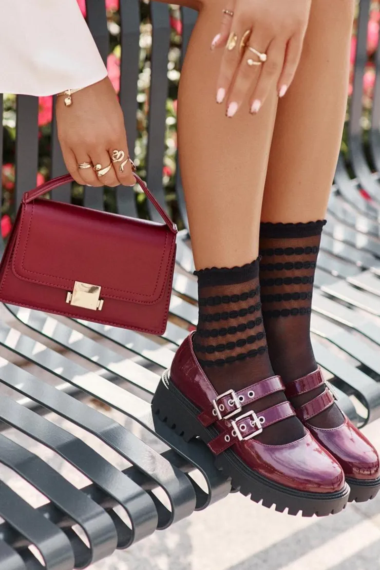 Boto Półbuty Lakierowane|Półbuty Skórzane*Półbuty Damskie Z Paskami Lakierowane Burgundowe Terione Czerwony