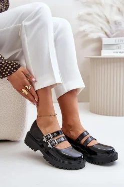 Boto Półbuty Lakierowane|Półbuty Skórzane*Półbuty Damskie Z Paskami Lakierowane Czarne Terione Czarny