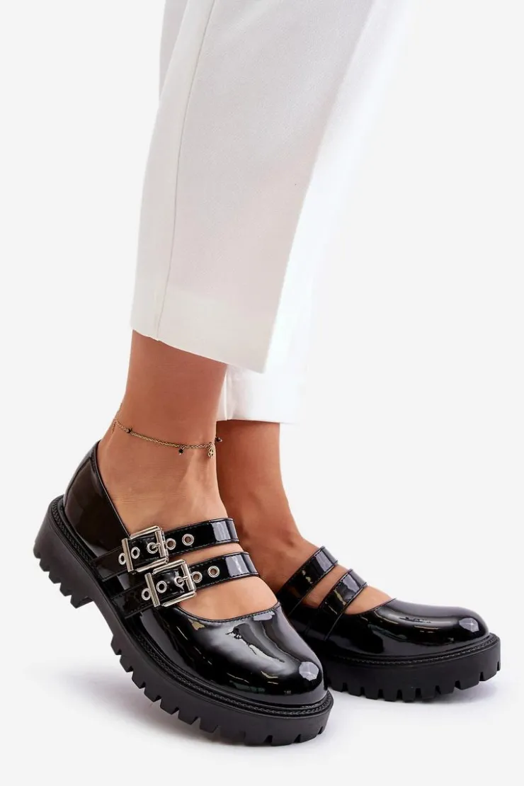 Boto Półbuty Lakierowane|Półbuty Skórzane*Półbuty Damskie Z Paskami Lakierowane Czarne Terione Czarny