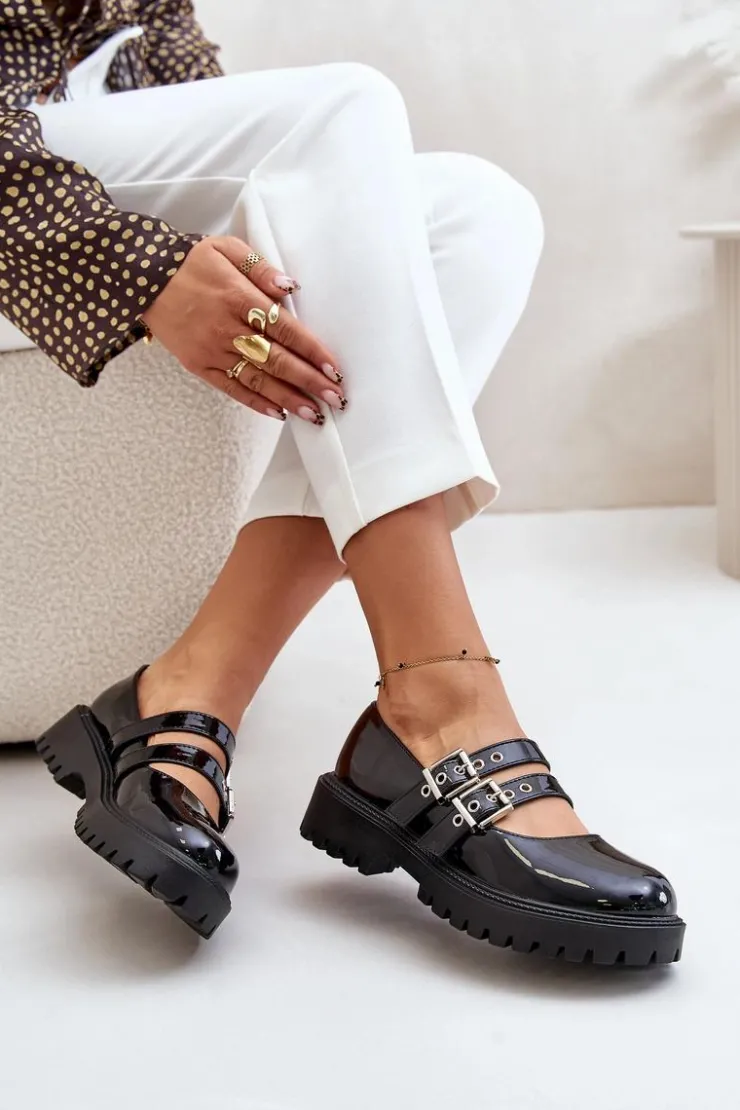 Boto Półbuty Lakierowane|Półbuty Skórzane*Półbuty Damskie Z Paskami Lakierowane Czarne Terione Czarny