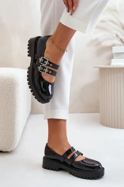 Boto Półbuty Lakierowane|Półbuty Skórzane*Półbuty Damskie Z Paskami Lakierowane Czarne Terione Czarny