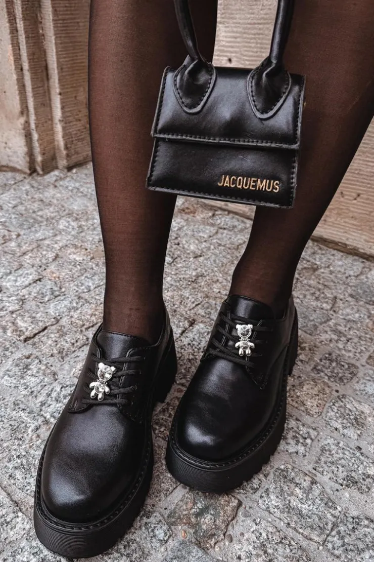 Clearance Boto Półbuty Damskie Z Przypinką Eko Skórzane Czarne Laurea