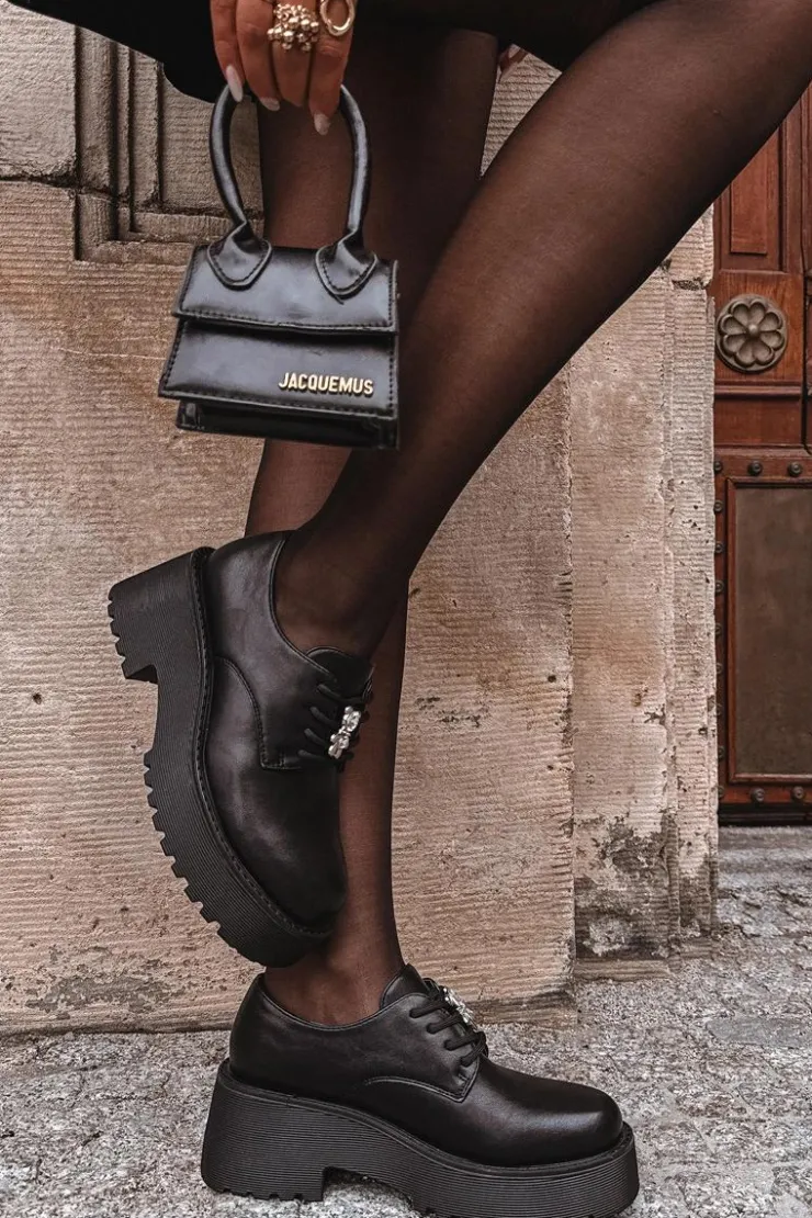 Clearance Boto Półbuty Damskie Z Przypinką Eko Skórzane Czarne Laurea