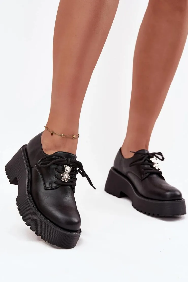 Clearance Boto Półbuty Damskie Z Przypinką Eko Skórzane Czarne Laurea