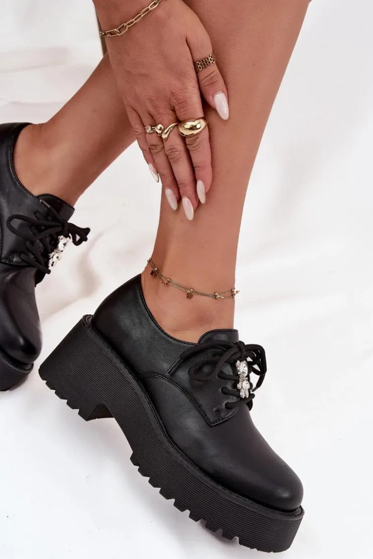 Clearance Boto Półbuty Damskie Z Przypinką Eko Skórzane Czarne Laurea