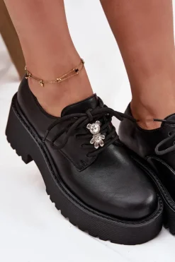 Clearance Boto Półbuty Damskie Z Przypinką Eko Skórzane Czarne Laurea