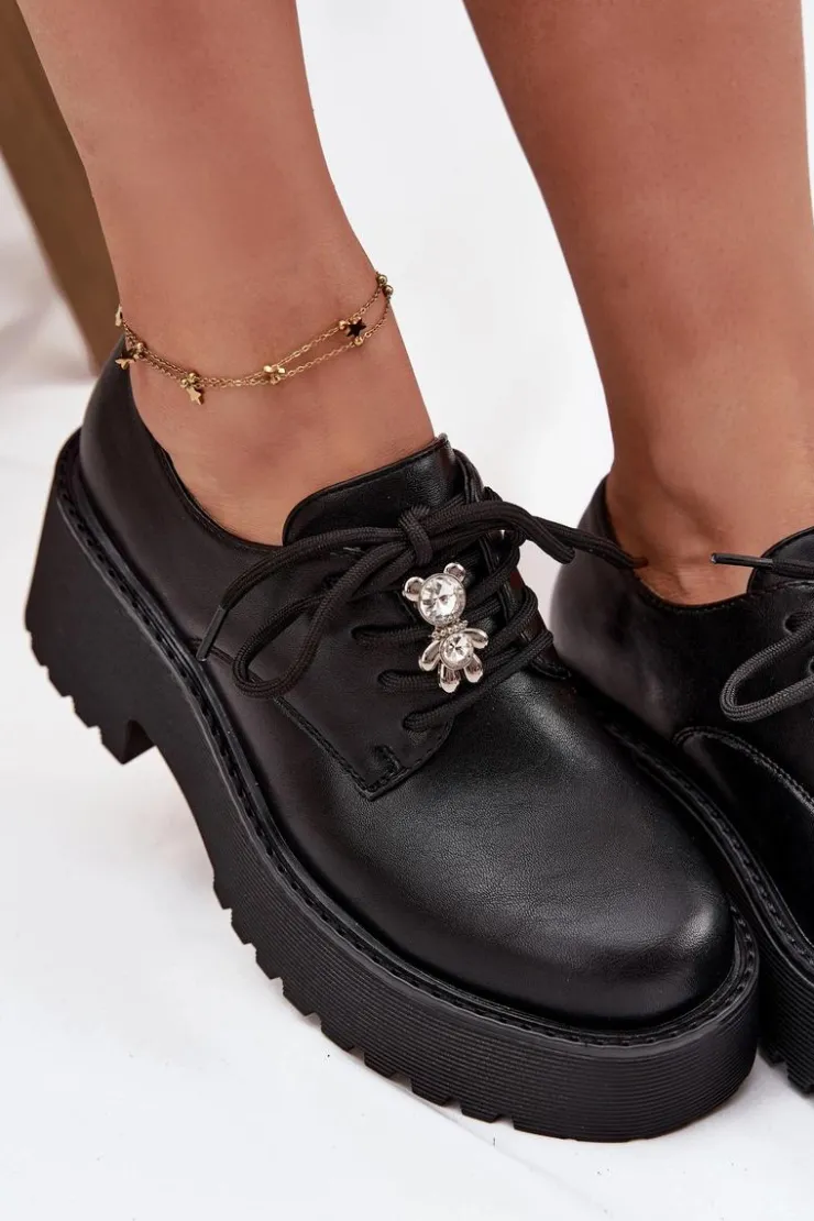 Clearance Boto Półbuty Damskie Z Przypinką Eko Skórzane Czarne Laurea