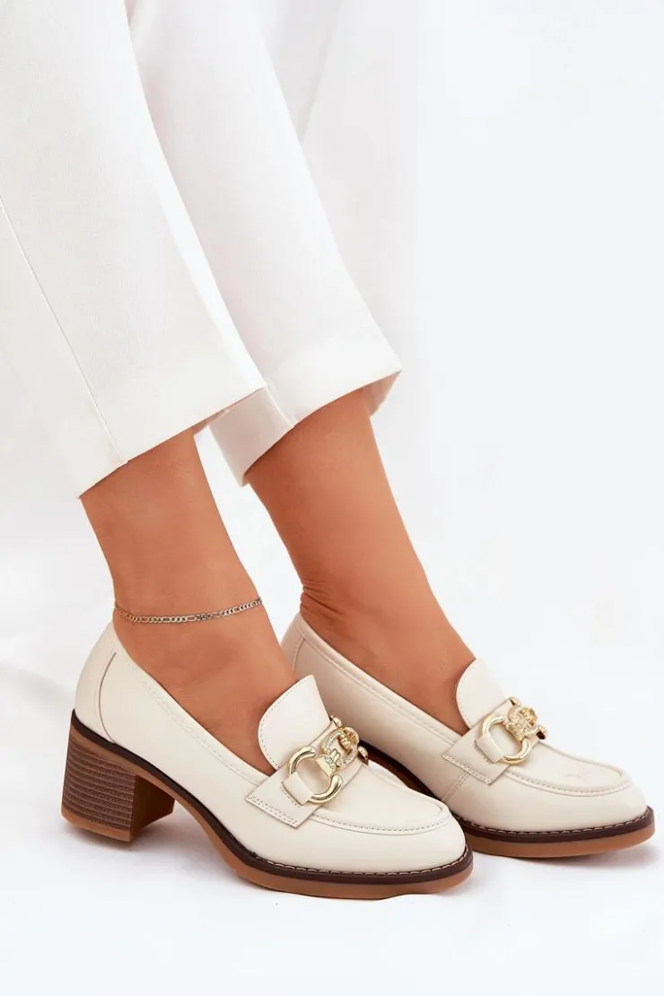 Best Boto Półbuty Damskie Ze Złotym Detalem Na Obcasie Beżowe Draciela