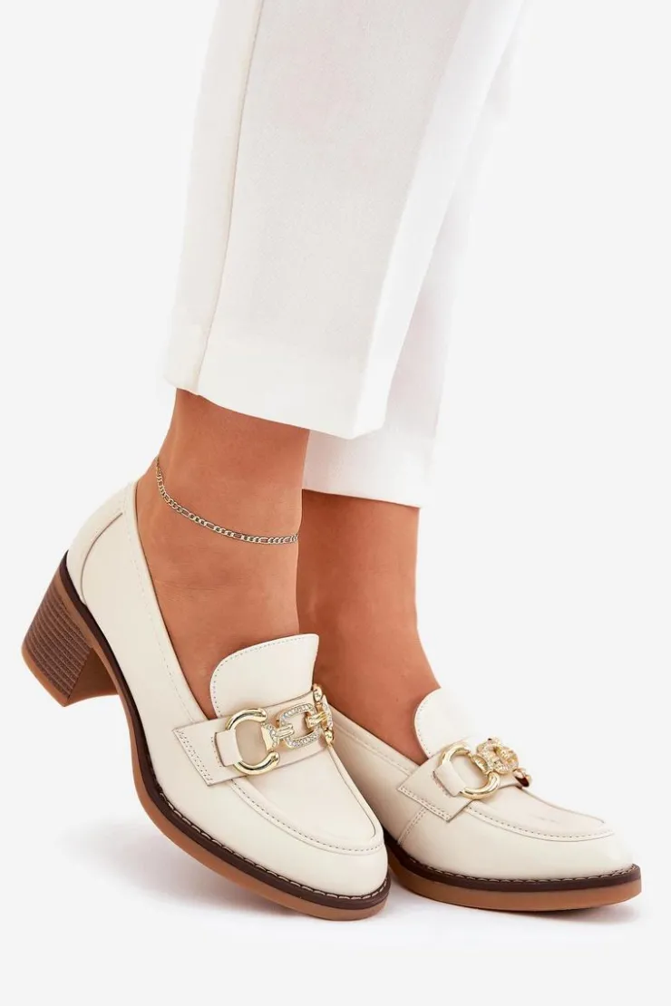 Best Boto Półbuty Damskie Ze Złotym Detalem Na Obcasie Beżowe Draciela