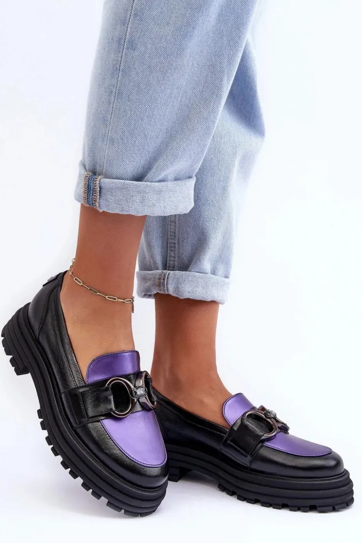 Damskie Laura Messi Półbuty Loafersy Damskie Skórzane Na Płaskim Obcasie Czarno-Fioletowe Elkiza