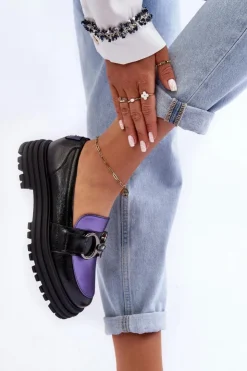 Damskie Laura Messi Półbuty Loafersy Damskie Skórzane Na Płaskim Obcasie Czarno-Fioletowe Elkiza