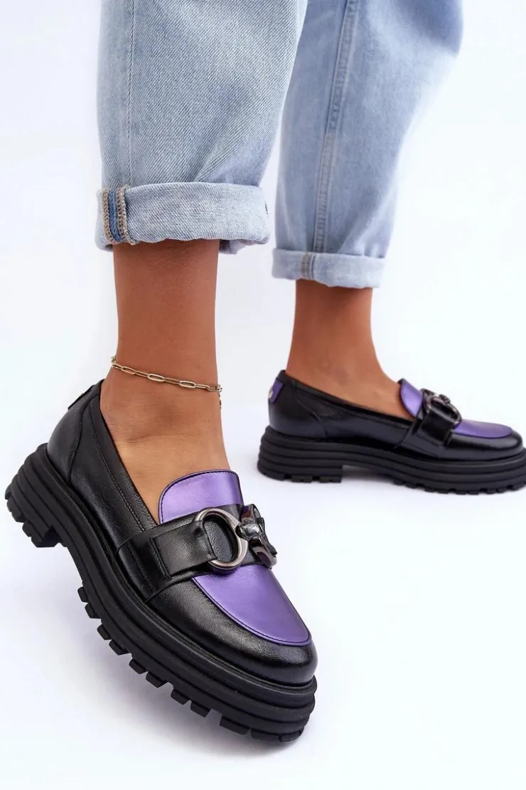 Damskie Laura Messi Półbuty Loafersy Damskie Skórzane Na Płaskim Obcasie Czarno-Fioletowe Elkiza