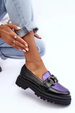 Damskie Laura Messi Półbuty Loafersy Damskie Skórzane Na Płaskim Obcasie Czarno-Fioletowe Elkiza