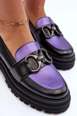Damskie Laura Messi Półbuty Loafersy Damskie Skórzane Na Płaskim Obcasie Czarno-Fioletowe Elkiza