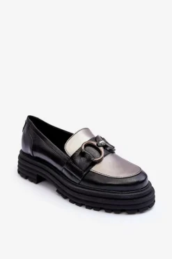 Sale Laura Messi Półbuty Loafersy Damskie Skórzane Na Płaskim Obcasie Czarne Elkiza Czarny