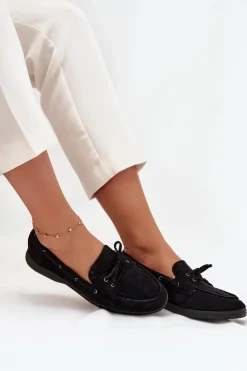 Boto Półbuty Mokasyny Damskie Płaskie Z Wiązaniem Czarne Zalina Czarny