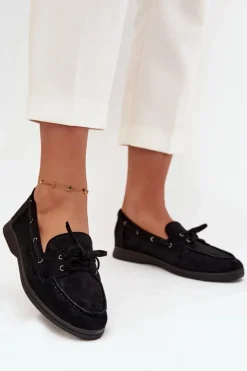 Boto Półbuty Mokasyny Damskie Płaskie Z Wiązaniem Czarne Zalina Czarny