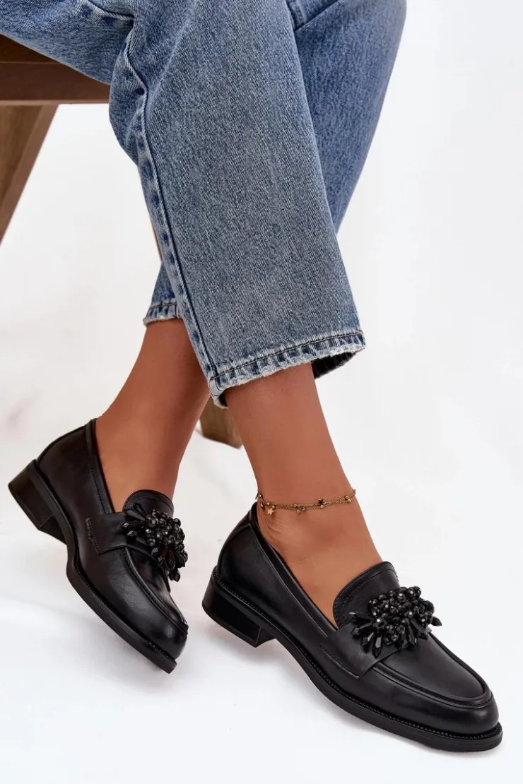 Boto Loafersy Damskie|Półbuty Skórzane*Półbuty Mokasyny Damskie Z Ozdobą Czarne Murelle