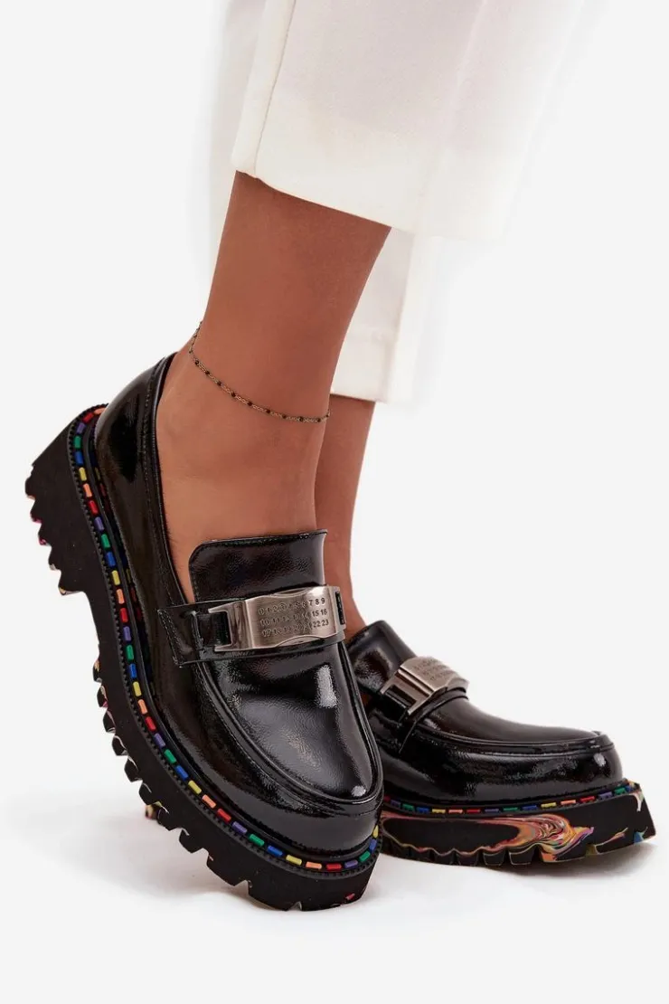 New Artiker Półbuty Mokasyny Damskie Z Lakierowanej Skóry 57C0070 Czarne