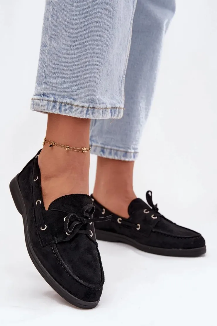 Boto Loafersy Damskie|Mokasyny Płaskie*Półbuty Mokasyny Damskie Z Wiązaniem Czarne Calivra Czarny