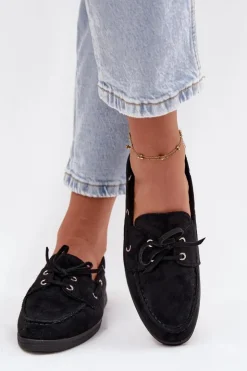 Boto Loafersy Damskie|Mokasyny Płaskie*Półbuty Mokasyny Damskie Z Wiązaniem Czarne Calivra Czarny