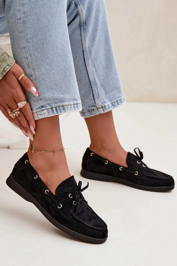 Boto Loafersy Damskie|Mokasyny Płaskie*Półbuty Mokasyny Damskie Z Wiązaniem Czarne Calivra Czarny