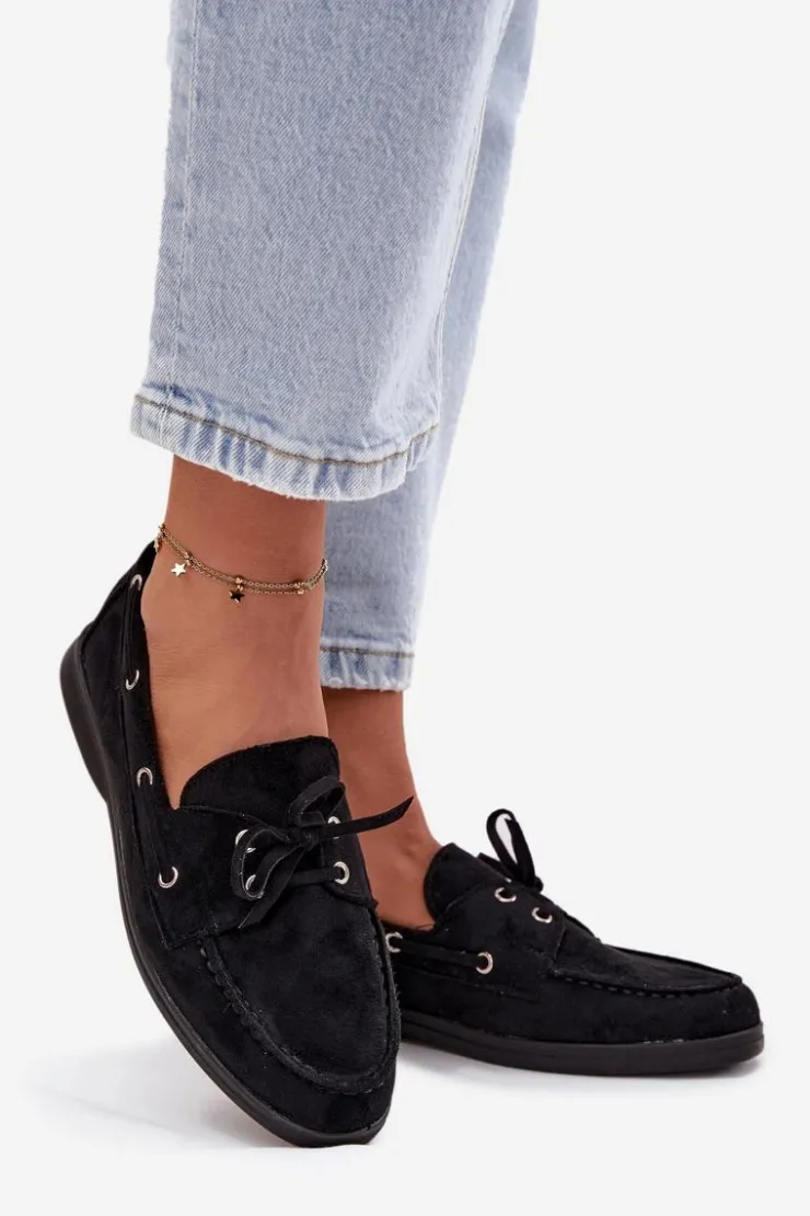 Boto Loafersy Damskie|Mokasyny Płaskie*Półbuty Mokasyny Damskie Z Wiązaniem Czarne Calivra Czarny