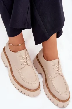 Clearance Big Star Shoes Półbuty Mokasyny Damskie Ze Sznurowaniem Big Star NN274053 Beżowe Beżowy