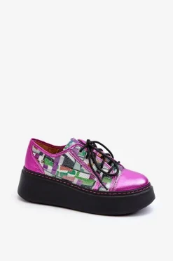 Maciejka Buty Sportowe Na Platformie*Półbuty Sneakersy Skórzane Damskie Na Platformie 06479-15 Fuksja