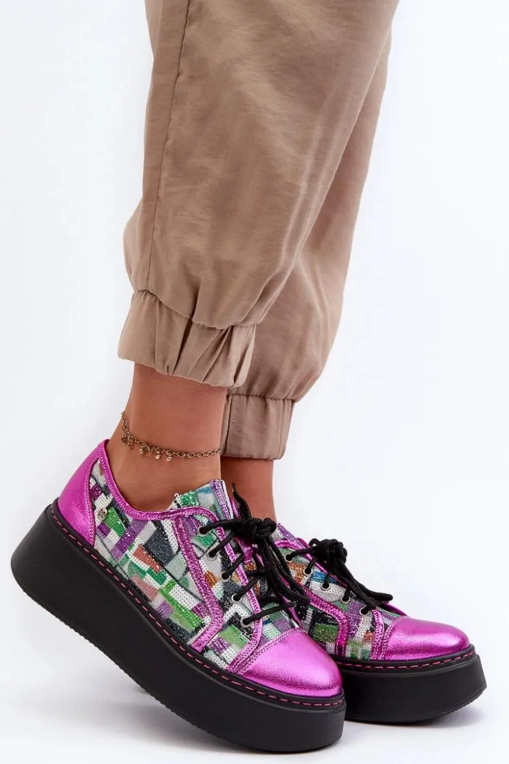 Maciejka Buty Sportowe Na Platformie*Półbuty Sneakersy Skórzane Damskie Na Platformie 06479-15 Fuksja