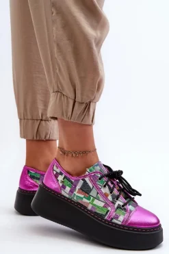Maciejka Buty Sportowe Na Platformie*Półbuty Sneakersy Skórzane Damskie Na Platformie 06479-15 Fuksja