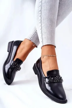 Boto Mokasyny Damskie Skórzane*Półbuty Z Ozdobnym Paskiem Czarne Valisso