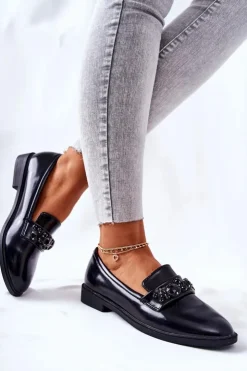 Boto Mokasyny Damskie Skórzane*Półbuty Z Ozdobnym Paskiem Czarne Valisso