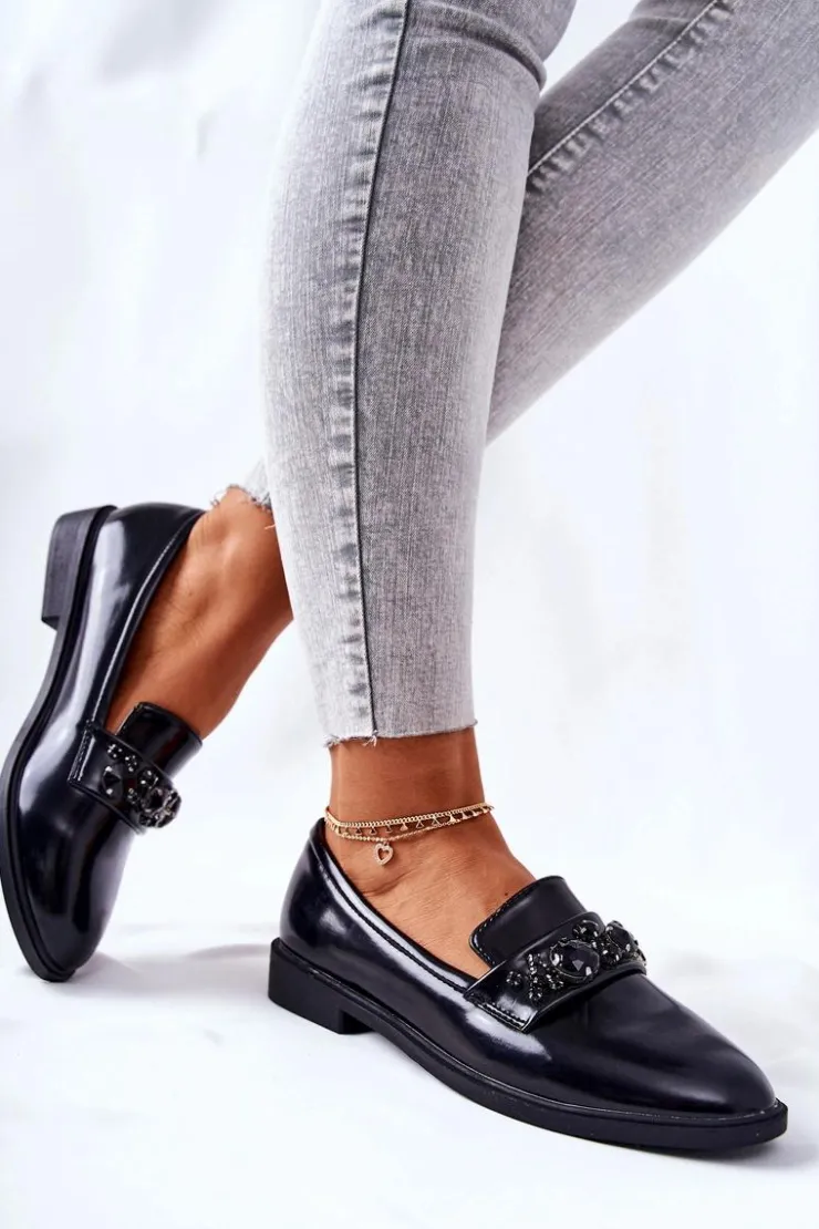 Boto Mokasyny Damskie Skórzane*Półbuty Z Ozdobnym Paskiem Czarne Valisso