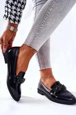 Boto Mokasyny Damskie Skórzane*Półbuty Z Ozdobnym Paskiem Czarne Valisso